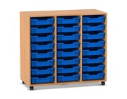 Flexeo Regal PRO Buche dunkel, mit 3 Reihen und 24 kleinen Boxen blau, Rollen