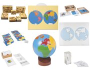 Montessori Geografie-Set 2: Erdteile: Stempel und Puzzle der Erdteile, Namenskrtchen, Globus, Kontrollkarte, Tiere aus aller Welt