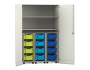 Flexeo Garagenschrank PRO, Dekor wei, HxBxT: 190 x 126,4 x 60 cm, 3 Rollcontainer, 12 Boxen bunt B, Dreholive