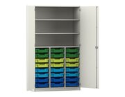 Flexeo Hochschrank PRO, wei, 24 kleine Boxen, 3 Fcher, HxBxT 190 x 108 x 50 cm, bunt B, Bogengriff mit Schloss