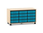 Flexeo Regal, Ahorn honig, mit 12 kleinen Boxen blau, 3 Reihen, HxBxT: 53 x 94,8 x 40,8 cm, Rollen