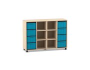 Flexeo Regal, Ahorn honig, 4 Reihen, 8 groe Boxen in blau,  6 Fcher mittig, HxBxT: 92,3 x 130,7 x 40,8 cm, Rollen