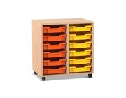 Flexeo Regal PRO, Buche hell, HxBxT: 76,7x73,1x48 cm, 12 kleine Boxen orange-gelb, Rollen