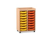 Flexeo Regal PRO, Buche hell, 2 Reihen, HxBxT: 105, 6 x 73 x 48 cm, 16 kleine Boxen bunt A, Aufkantung, Rollen