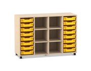 Flexeo Regal PRO Ahorn honig, 99,1 x 143,9 x 48 cm, 4 Reihen, 6 Fcher, 16 Boxen gelb, Rollen