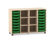 Flexeo Regal PRO, Ahorn honig, 4 Reihen, 16 kleine Boxen dunkelgrn, Rollen, HxBxT: 99,1x143,9x48 cm