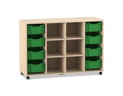 Flexeo Regal PRO, Ahorn honig, 4 Reihen, BxHxT: 143,9x99,1x48 cm, 8 groe Boxen dunkelgrn, Rollen