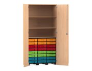 Flexeo Garagenschrank mit 3 Rollcontainer, Buche hell, HxBxT: 190 x 94,4 x 60 cm, 24 kleine Boxen bunt, Schloss