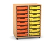 Flexeo Regal PRO mit 2 Reihen, Rollen, inkl. 16 kleine Boxen orange/gelb, Dekor: Buche hell