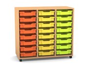 Flexeo Regal PRO mit 3 Reihen, Rollen, inkl. 24 kleine Boxen orange/gelb/grn Dekor: Buche hell