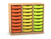 Flexeo Regal PRO mit 3 Reihen und 24 kleinen Boxen Dekor Buche hell, Sockel, Boxen orange gelb grn