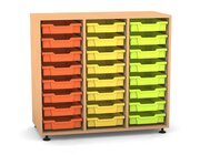 Flexeo Regal PRO mit 3 Reihen und 24 kleinen Boxen Dekor Buche hell, Stellfe, Boxen orange gelb grn