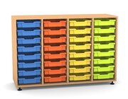 Flexeo Regal PRO, HxBxT: 99.1 x 143.9 x 48 cm, mit 4 Reihen und 32 kleinen Boxen Dekor Buche hell, Stellfe, Boxen orange gelb grn hellblau