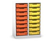 Flexeo Regal PRO mit 2 Reihen und 16 kleinen Boxen Dekor wei, Sockel, Boxen orange gelb