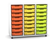 Flexeo Regal PRO wei, 3 Reihen, Rollen, 24 kleine Boxen orange/gelb/grn, HxBxT: 99,1 x 108,5 x 48 cm