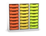 Flexeo Regal PRO mit 3 Reihen und 24 kleinen Boxen Dekor wei, Sockel, Boxen orange gelb grn