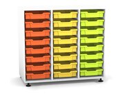Flexeo Regal PRO mit 3 Reihen und 24 kleinen Boxen Dekor wei, Stellfe, Boxen orange gelb grn