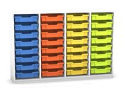Flexeo Regal PRO, HxBxT: 99.1 x 143.9 x 48 cm, mit 4 Reihen und 32 kleinen Boxen Dekor wei, Sockel, Boxen orange gelb grn hellblau