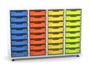 Flexeo Regal PRO, HxBxT: 99.1 x 143.9 x 48 cm, mit 4 Reihen und 32 kleinen Boxen Dekor wei, Stellfe, Boxen orange gelb grn hellblau