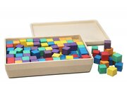 Wrfel in 6 Farben 2x2x2 cm RE-WOOD, 150 Stck in RE-Wood Box und Kartonhlle