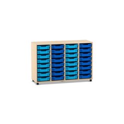 Flexeo Regal PRO wei, HxBxT: 99.1 x 143.9 x 48 cm, 4 Reihen, 32 kleine Boxen hellblau/dunkelblau, Sockel