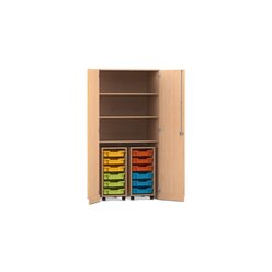 Flexeo Garagenschrank PRO, Buche hell, 2 Rollcontainer, 12 kleine Boxen bunt, 3 Fcher, HxBxT: 190 x 94,4 x 60 cm