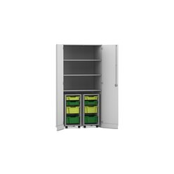 Flexeo Garagenschrank PRO, Dekor grau, HxBxT: 190 x 94,4 x 60 cm, 2 Rollcontainer, 8 Boxen Gr. S und M, dunkelgrn/hellgrn, Bogengriff mit Schloss