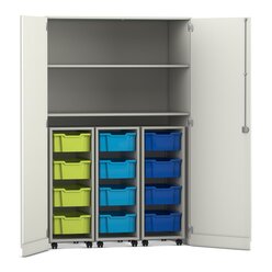 Flexeo Garagenschrank PRO, Dekor wei, HxBxT: 190 x 126,4 x 60 cm, 3 Rollcontainer, 12 Boxen bunt B, Dreholive