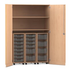 Flexeo Garagenschrank, Buche hell, HxBxT: 190x126,4x60 cm, 3 Rollcontainer mit Boxen transparent, Dreholive