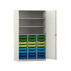 Flexeo Hochschrank PRO, wei, 24 kleine Boxen, 3 Fcher, HxBxT 190 x 108 x 50 cm, bunt B, Bogengriff mit Schloss