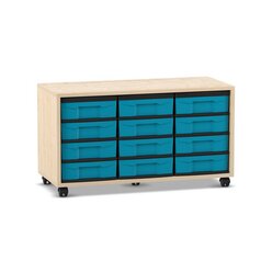 Flexeo Regal, Ahorn honig, mit 12 kleinen Boxen blau, 3 Reihen, HxBxT: 53 x 94,8 x 40,8 cm, Rollen