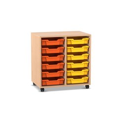 Flexeo Regal PRO, Buche hell, HxBxT: 76,7x73,1x48 cm, 12 kleine Boxen orange-gelb, Rollen