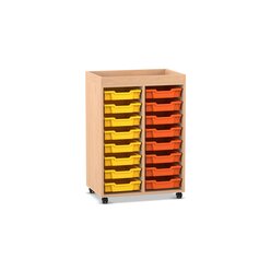 Flexeo Regal PRO, Buche hell, 2 Reihen, HxBxT: 105, 6 x 73 x 48 cm, 16 kleine Boxen bunt A, Aufkantung, Rollen