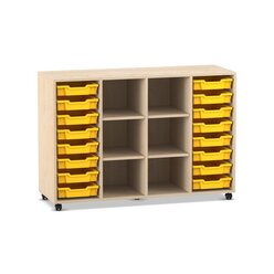 Flexeo Regal PRO Ahorn honig, 99,1 x 143,9 x 48 cm, 4 Reihen, 6 Fcher, 16 Boxen gelb, Rollen