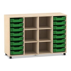 Flexeo Regal PRO, Ahorn honig, 4 Reihen, 16 kleine Boxen dunkelgrn, Rollen, HxBxT: 99,1x143,9x48 cm