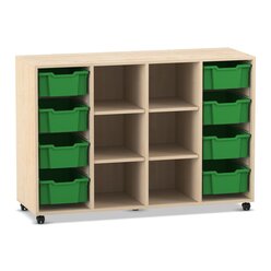 Flexeo Regal PRO, Ahorn honig, 4 Reihen, BxHxT: 143,9x99,1x48 cm, 8 groe Boxen dunkelgrn, Rollen