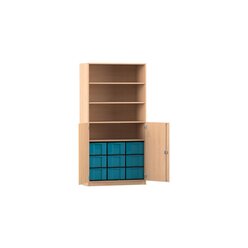 Flexeo Schrank, Buche hell, 9 groe Boxen blau, 4 Fcher, 2 Halbtren, HxBxT: 190x94,5x50 cm, Bogengriff mit Schloss