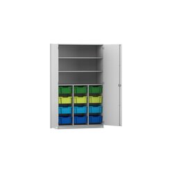 Flexeo Hochschrank mit Drehtren, Dekor lichtgrau, HxBxT: 190x108,1x60 cm, 12 groe Boxen bunt B