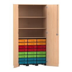 Flexeo Garagenschrank mit 3 Rollcontainer, Buche hell, HxBxT: 190 x 94,4 x 60 cm, 24 kleine Boxen bunt, Schloss