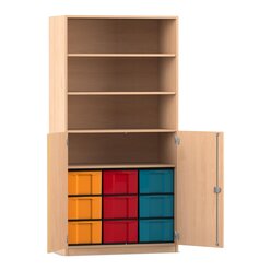 Flexeo Schrank, Buche hell, 9 groe Boxen bunt, 4 Fcher, 2 Halbtren, HxBxT: 190x94,5x50 cm, Bogengriff mit Schloss