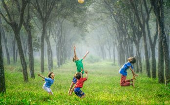 Kinder in der Natur springen einem Ball hinterher in die Luft.