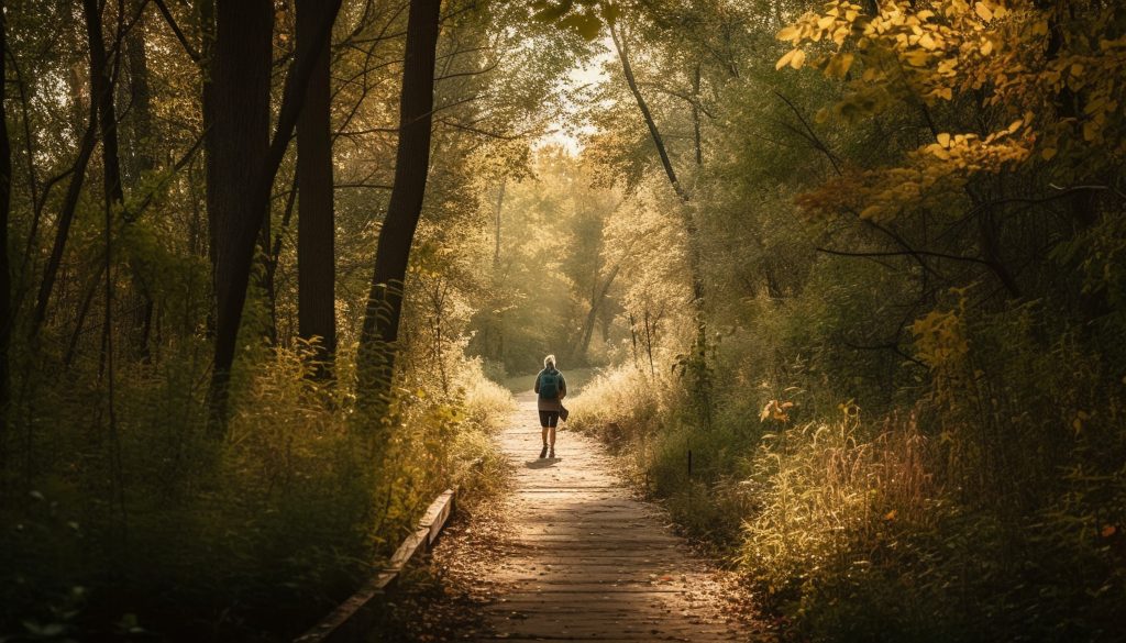 Ein Mensch spaziert auf einem Waldweg: