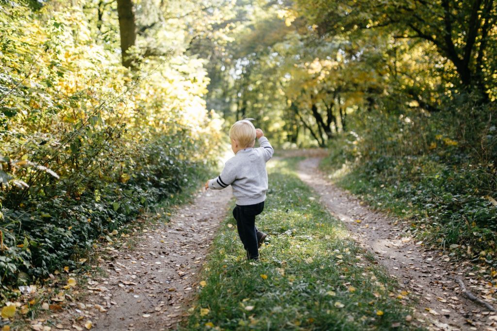 Ein Kleinkind in Rückenansicht hüpft einen Waldweg entlang.